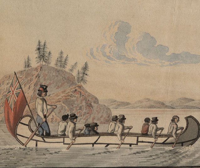 Watercolour with brush and pen on wove paper of ten individuals rowing across the water in a canoe in front of a large  rock. 